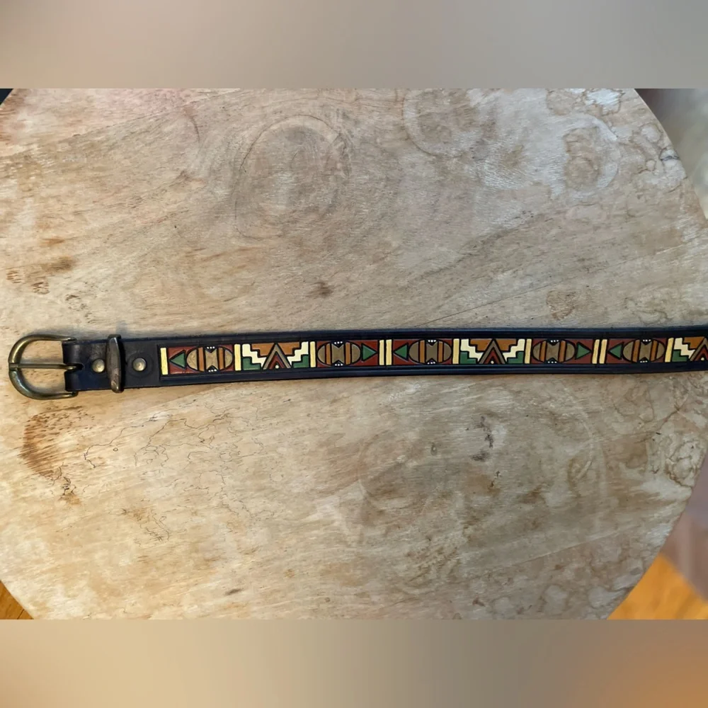 Vintage Colorful Painted Leather Belt with Geometric Southwest Pattern Design